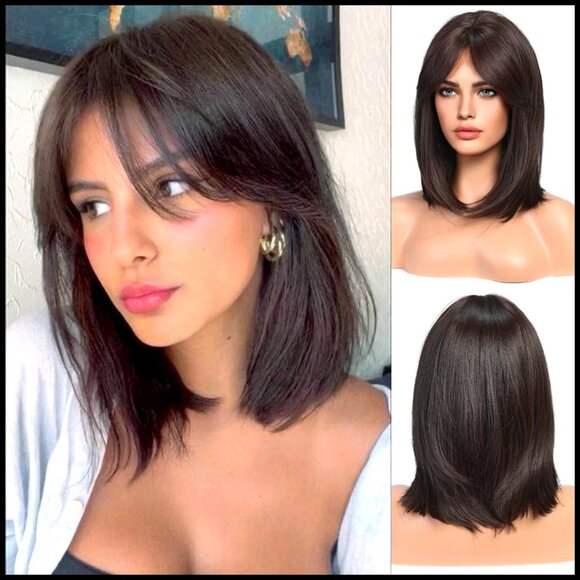 Straight Synthetic Wig with Curtain Bangs Shoulder Length Natural Daily Use main image 6